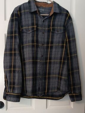 Ll Bean Signature Gray and Black Plaid Shirt with Yellow Detail